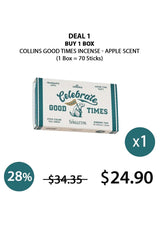 A box of Collins Good Times Incense with apple scent, including a protective tin case and incense clips, against a yellow background.