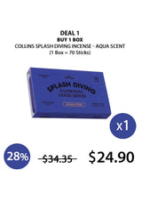 A box of Collins Splash Diving Incense with the Aqua scent, showing 70 incense sticks inside, with the brand's logo and the name of the scent on the packaging. The incense clips and protective tin case are also visible.