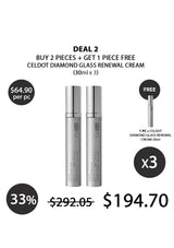 Promotional graphic for a beauty deal showing three silver Celdot Diamond Glass Renewal Cream tubes, with text offering to buy 2 pieces and get 1 free, plus pricing and discount details on a white background.