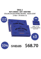 A box of Collins Splash Diving Incense with the Aqua scent, showing 70 incense sticks inside, with the brand's logo and the name of the scent on the packaging. The incense clips and protective tin case are also visible.