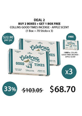 A box of Collins Good Times Incense with apple scent, including a protective tin case and incense clips, against a yellow background.