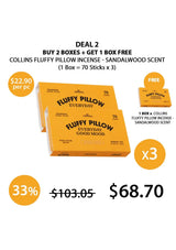 A box of Collins Fluffy Pillow Incense with Sandalwood Scent, showing 70 incense sticks inside, with the branding and incense clips visible. The packaging is predominantly orange with product information printed on it.