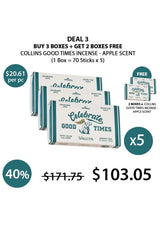 A box of Collins Good Times Incense with apple scent, including a protective tin case and incense clips, against a yellow background.