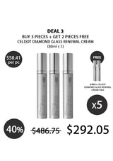 Promotional graphic for a Celdot Diamond Glass Renewal Cream deal, showing five silver cylindrical bottles with black caps and text detailing a 40% discount and free items.
