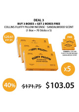 A box of Collins Fluffy Pillow Incense with Sandalwood Scent, showing 70 incense sticks inside, with the branding and incense clips visible. The packaging is predominantly orange with product information printed on it.