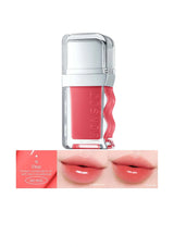 Lip gloss with packaging and application on lips on a white background