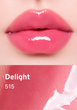 Close-up of pink lips with a color swatch labeled 'Delight 515' on a pink background