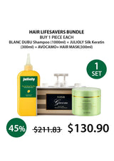 Hair care product bundle with shampoo, hair mask, and other items on a white background