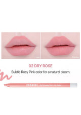 Cosmola lip liner with '02 Dry Rose' color swatches on lips and product packaging.