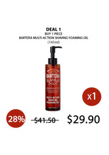 Barteria multi-action shaving foaming oil bottle with promotional text on a white background