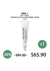 Vemontes Veloof Super Varriel Cream tube with promotional text on a white background