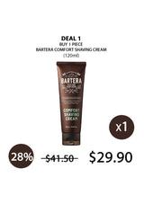 Bartera Comfort Shaving Cream tube with promotional text on a white background