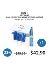 AIDA Hyal Multi-Liposome Moisture Ampoule packaging with pricing and deal information on a white background.