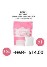 Pink packaging of Era of Living Oxygen Bleach with a white packet on a white background, featuring a discount offer.