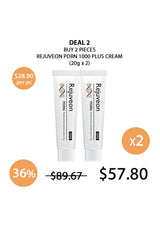 Two tubes of Rejuveon PDRN 1000 Plus Cream with promotional pricing on a white background.