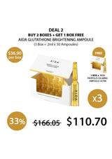 Promotional offer for AIDA Glutathione Brightening Ampoule with packaging and pricing details.