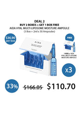 Promotional offer for AIDA Hyal Multi-Liposome Moisture Ampoule with packaging and pricing details.