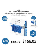 Promotional offer for AIDA Hyal Multi-Liposome Moisture Ampoule with packaging and pricing details.