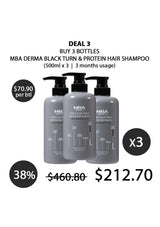 Three bottles of MBA Derma Black Turn & Protein Hair Shampoo with promotional text on a white background.