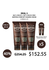 Bartera Comfort Shaving Cream packaging with promotional text on a white background