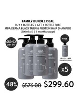 Five bottles of MBA Derma Black Turn & Protein Hair Shampoo with promotional text on a white background.