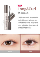Eyebrow product with 'Long & Curl' text and color swatches on a white background