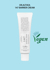 Image of DR. ALTHEA 147 Barrier Cream packaging, which is a white tube with product information and a 'Vegan' logo.