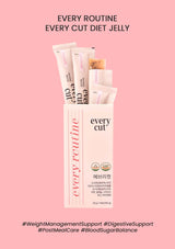 Every Cut diet jelly packaging on a pink background with text about product benefits.