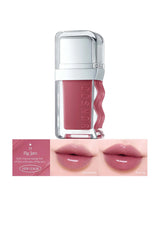 Lipstick with a clear casing on a white background, featuring a color swatch and lip application examples.