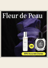 Two perfume bottles with purple flowers and 'Fleur de Peau' branding on a dark background.