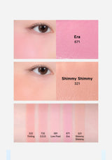 Color swatches of pink shades on skin with labels 'Era 671' and 'Shimmy Shimmy 321'.