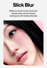 Close-up of a person's face with text about skincare product effects