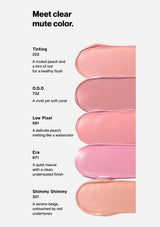Lip color swatches with names and descriptions on a white background