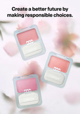 Three blush products with a blurred floral background and text about making responsible choices.