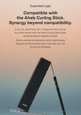 A black Aheb curling iron shown against a soft beige-to-blue gradient background with promotional text about compatibility with the Aheb Curling Stick.