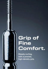 A close-up product shot of a dark metallic curling iron handle with the brand name 'Aheb' visible on the body, set against a dark gray gradient background with white text reading 'Grip of Fine Comfort.'.