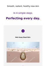 Advertisement for skincare product with text and a visual of dead skin being removed.