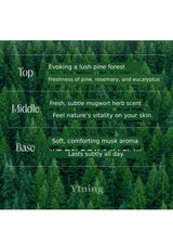 Forest scene with text describing a fragrance profile, featuring Ytning brand.