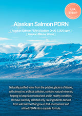 Alaskan Salmon PDRN advertisement with a scenic background of mountains and water.