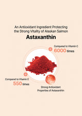 Red powder with text about Astaxanthin's antioxidant properties compared to Vitamin C and Vitamin E on a beige background.