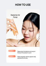 Instructions on how to use an Elastomer Air Pump with a woman applying it to her skin.