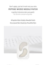 Peptide micro needle patch packaging with text on a white background