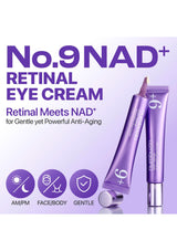 Advertisement for No.9 NAD+ Retinal Eye Cream with product packaging on a light purple background.