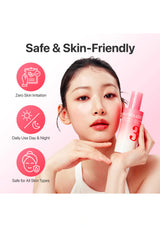 Woman holding skincare product with 'Safe & Skin-Friendly' text and icons on a pink background
