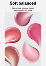 Pink and red color swatches on a white background with text 'Soft balanced'.