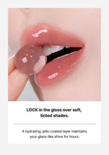 Lip gloss being applied to a lip with text about hydration and shine.