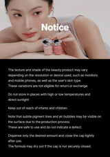 Woman holding two beauty products with a notice text overlay on a dark background
