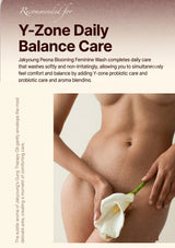 Person holding a white flower with text about Y-Zone Daily Balance Care