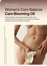 Advertisement for Women's Coro Balance Care Blooming Oil featuring a person holding a white flower.