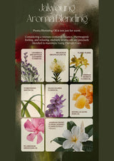 Promotional poster for Jakyoung Aroma Blending with images of flowers and text about aroma oils.